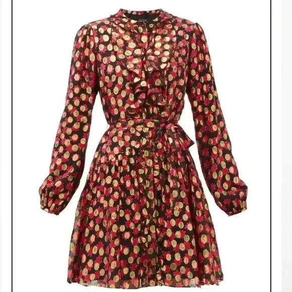 SALONI Scarlet Daisy Tilly Red Gold Black Shimmer Ruffle Mini C Dress Size 0 - Picture 5 of 16